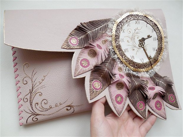 Poseta plic handmade unicat din piele naturala -Victorian Dream Clock-