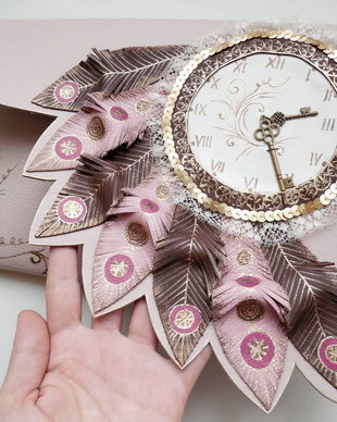 Poseta plic handmade unicat din piele naturala -Victorian Dream Clock-
