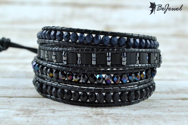 Bratara wrap cu snur de piele si cristale ''Midnight magic''