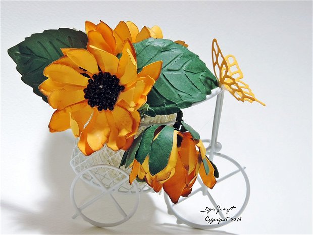Marturie nunta bicicleta metalica cu Floarea Soarelui.