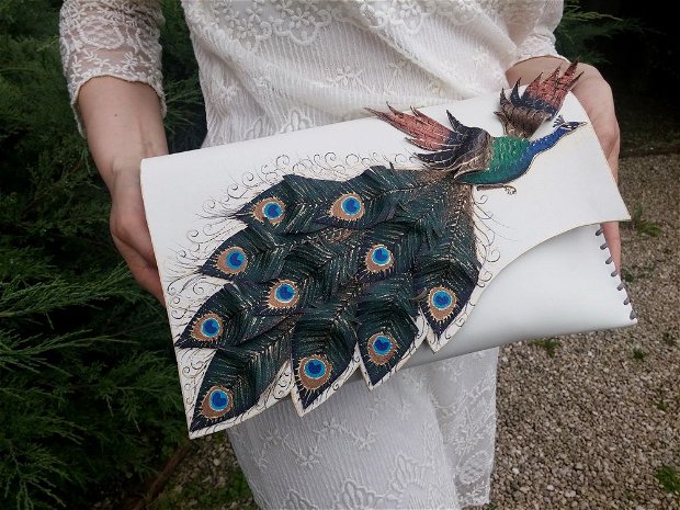Poseta plic handmade unicat din piele naturala -Peacock