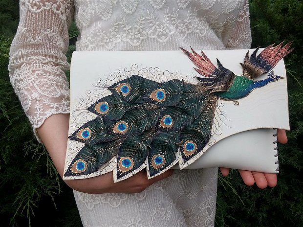 Poseta plic handmade unicat din piele naturala -Peacock