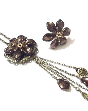 Set colier si inel maro-bronz