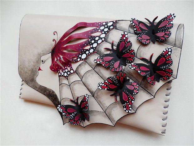 Poseta plic handmade unicat din piele naturala -Butterflies 2