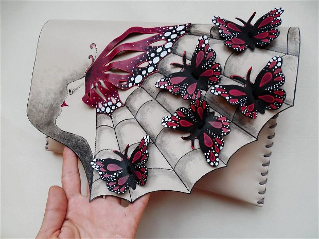 Poseta plic handmade unicat din piele naturala -Butterflies 2