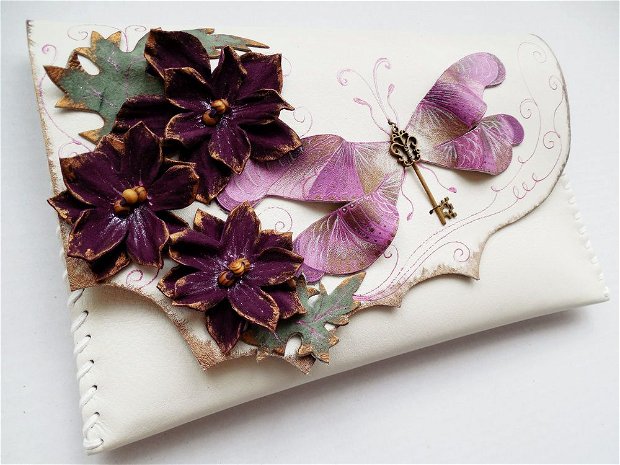 Poseta plic handmade unicat din piele naturala -Purple Dragonfly 4