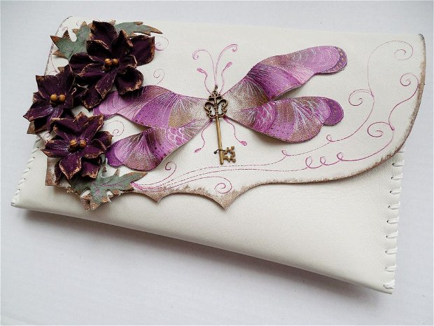 Poseta plic handmade unicat din piele naturala -Purple Dragonfly 4