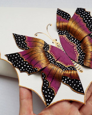 poseta plic handmade unicat din piele - Magenta Butterfly