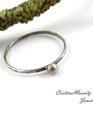 Stacking ring din argint 925 partial oxidat si bobita