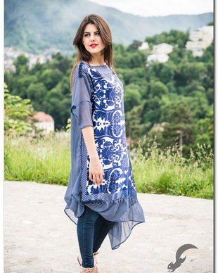 rochie de vara ,albastru , buline, esarfa  chic