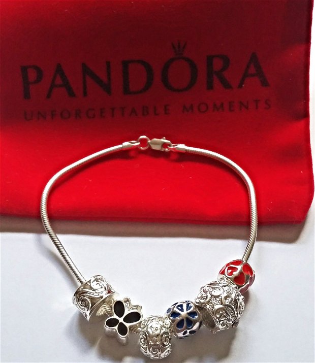 Bratara argint 925 tip Pandora cu charmuri placate cu argint si emailate