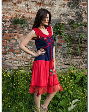 rochie vara , rosie, navy , croset si snur aplicat