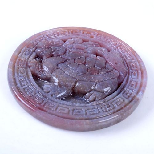 6443 - Pandantiv, jad multicolor sculptat, testoasa dragon, disc, 48x8mm