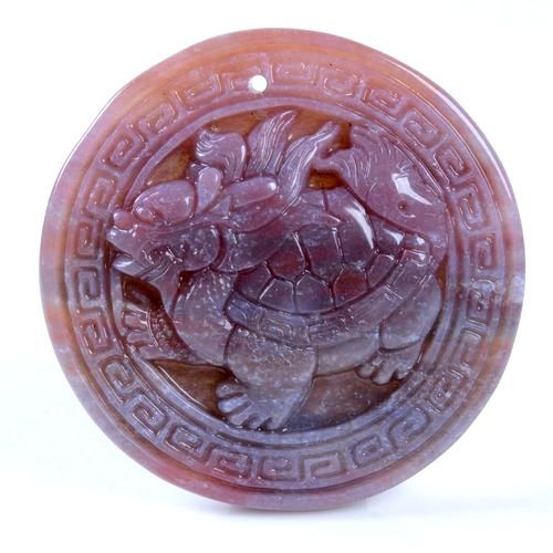 6443 - Pandantiv, jad multicolor sculptat, testoasa dragon, disc, 48x8mm