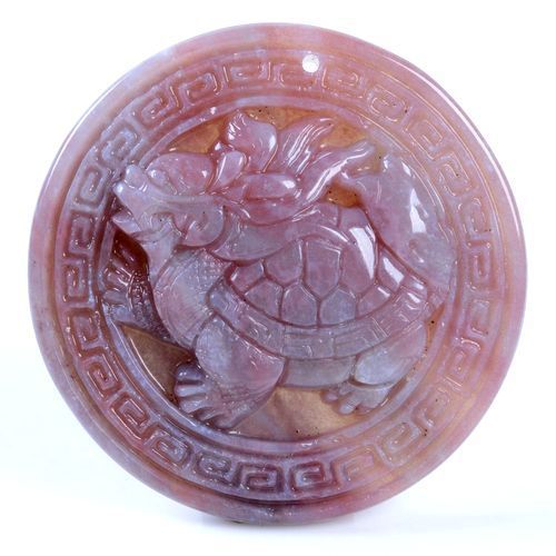 6445 - Pandantiv, jad multicolor sculptat, testoasa dragon, disc, 48x8mm