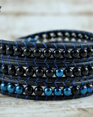 Bratara wrap cu snur de piele si pietre semipretioase ''Cobalt''