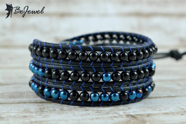 Bratara wrap cu snur de piele si pietre semipretioase ''Cobalt''