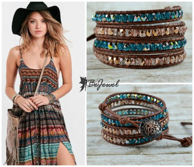 RZERVATA -Bratara wrap cu snur de piele si cristale ''Bohemian Summer''