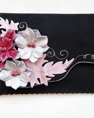 poseta plic handmade unicat din piele -Silver&Red Flowers