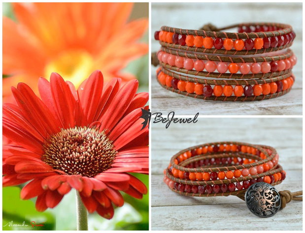 Bratara wrap cu snur de piele si semipretioase ''Gerbera''