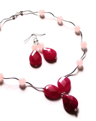 Colier si cercei din Argint 925, Jad fuchsia si Cuart roz - CO205, CE205 - Set romantic, casual, delicat