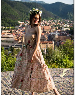 rochie plina de flori , de vara ,  boho chic , cu maci infloriti