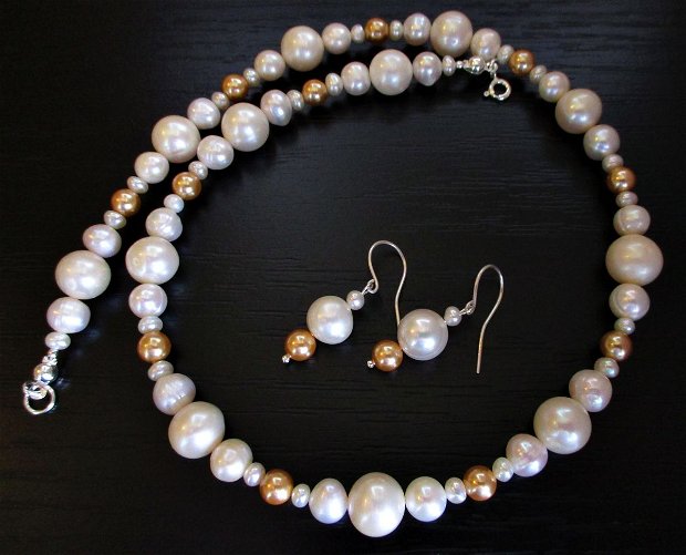 Set colier si cercei argint, perle de cultura albe si perle swarovski aurii- set mirese, set nunta, evenimente