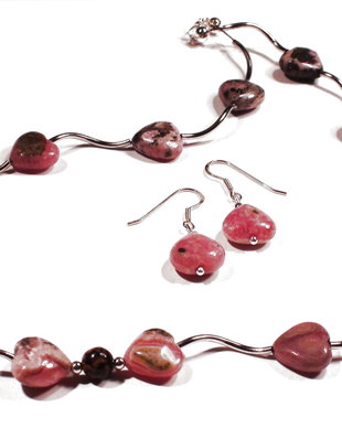 Colier si cercei din Argint 925 si Rodocrozit inima - CO040, CE040 - Colier casual delicat, cadou romantic, colier inima
