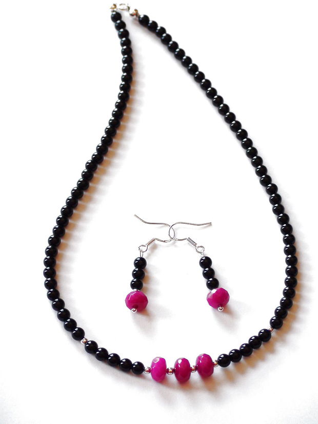 Colier si cercei din Onix negru si Jad fuchsia fatetat - CO090, CE090 - Colier casual, delicat