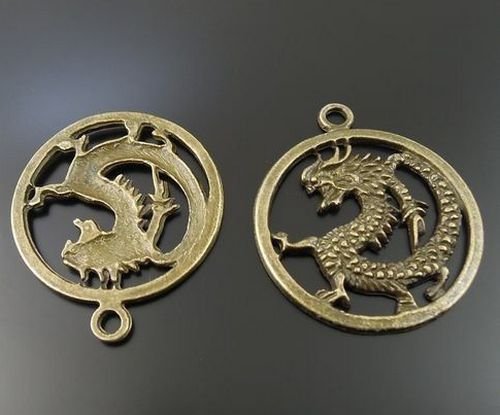 8049 - (2buc) Pandantiv / charm, dragon, bronz, cerc