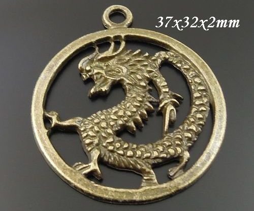 8049 - (2buc) Pandantiv / charm, dragon, bronz, cerc