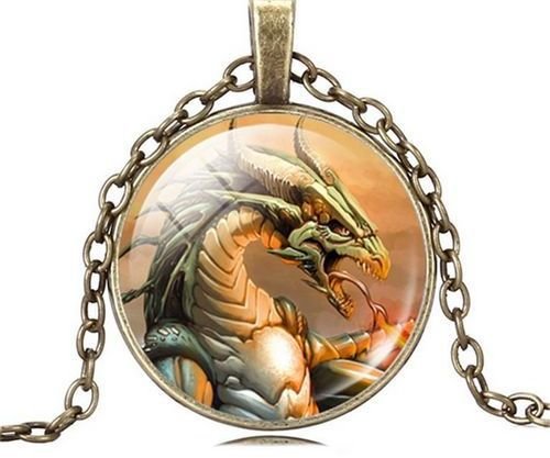 8051 - Pandantiv medalion, colier, print dragon, cabochon sticla, lantisor, steampunk