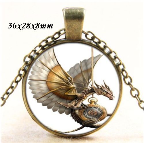 8053 - Pandantiv medalion, colier, print dragon, cabochon sticla, lantisor, steampunk