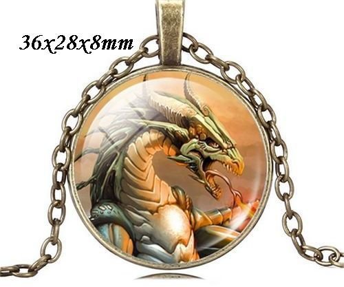 8051 - Pandantiv medalion, colier, print dragon, cabochon sticla, lantisor, steampunk