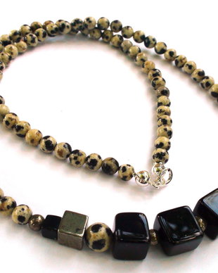 Colier barbati / unisex din Argint 925, Jasp dalmatian, Onix si Pirita - CO284 - Choker elegant, colier casual, colier barbatesc