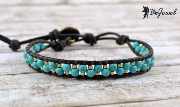 Bratara wrap  cu snur de piele si pietre semipretioase ''Chic''