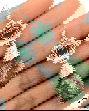 Ag237 - Cercei cu tortite, argint 925, serafinit rusesc, onix verde,picatura, floare