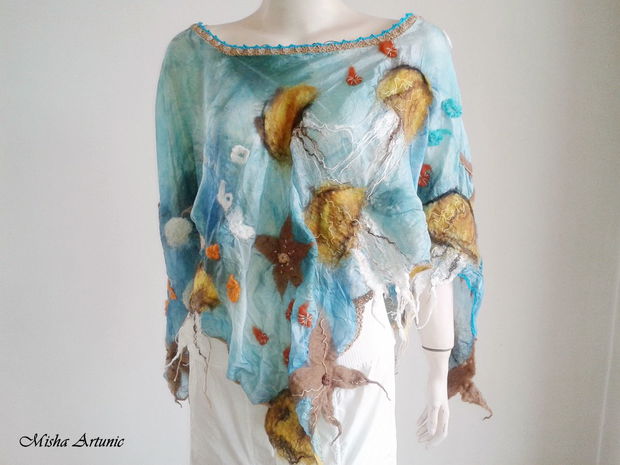 Bluza boho chic hippie din matase naturala si animale oceanice impaslite - Deep Ocean- vandut