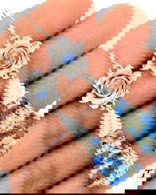 Ag238 - Cercei cu tortite, argint 925, azurit in cuart, labradorit, picatura, floare