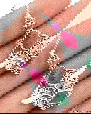 Ag308 - Cercei cu tortite, argint 925, radacina de smarald si rubin fatetat