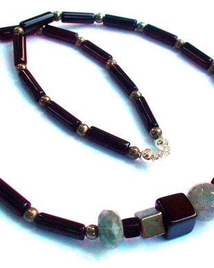 Colier barbati / unisex din Argint 925, Onix negru, Pirita aurie si Labradorit gri - CO291 - Choker elegant, colier casual, colier barbatesc