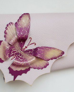 poseta plic handmade unicat din piele - Dark Magenta Butterfly
