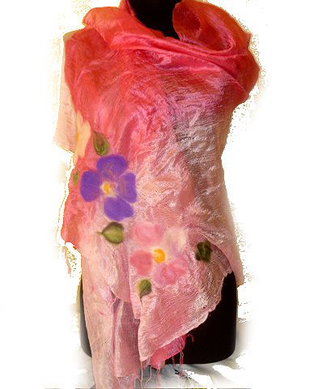 Flori de vara- sal,esarfa de matase naturala impaslita cu mix de lana merino