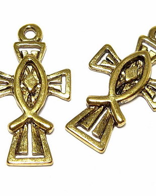 Pandantiv metalic, cruciulita, auriu antichizat, 26x14 mm