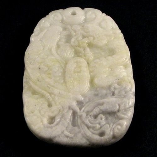 8083 - Pandantiv, jad sculptat, alb prafuit, crem, gri deschis, dragon si pasarea phoenix