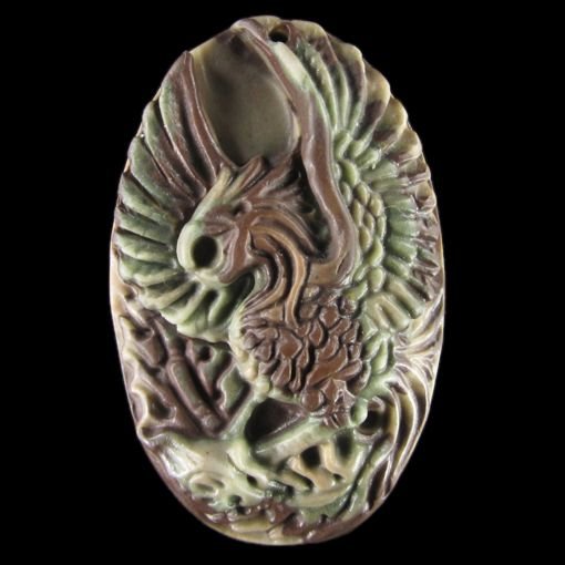 7840 - Pasarea Phoenix / Bennu, pandantiv jasp ribbon sculptat, 53x33x13mm