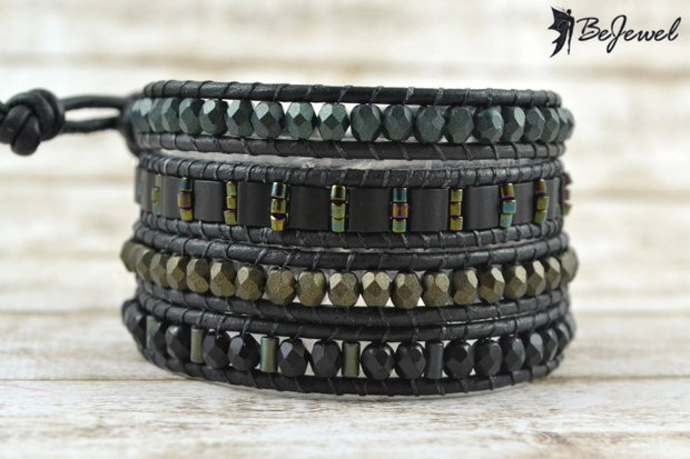 Bratara wrap cu snur de piele si cristale mate ''Forest Black''