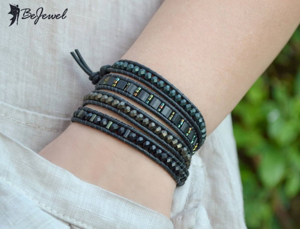 Bratara wrap cu snur de piele si cristale mate ''Forest Black''
