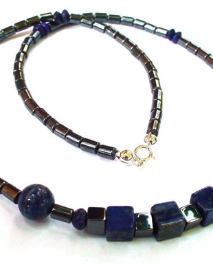 Colier barbati / unisex din Argint 925, Hematit gri metalic si Lapis lazuli - CO290 - Choker elegant, colier casual, colier barbatesc