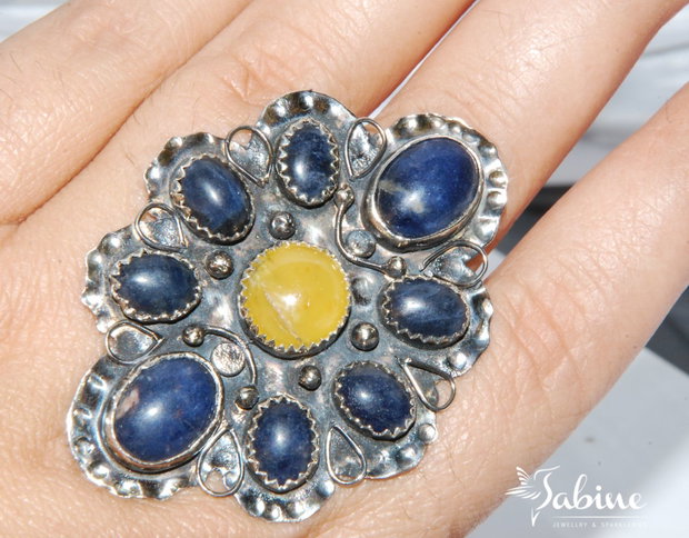 Inel reglabil argint 925 cu lapis lazuli şi opal galben